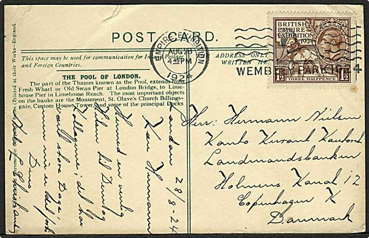 1½d Empire Exhibition 1924 på brevkort annulleret med TMS Wembley Park 1924/Empire Exhibition d. 28.8.1924 til København, Danmark.