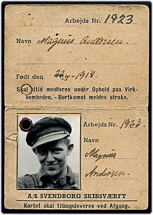 Medarbejderkort med foto for arbejder på A/S Svendborg Skibsværft.
