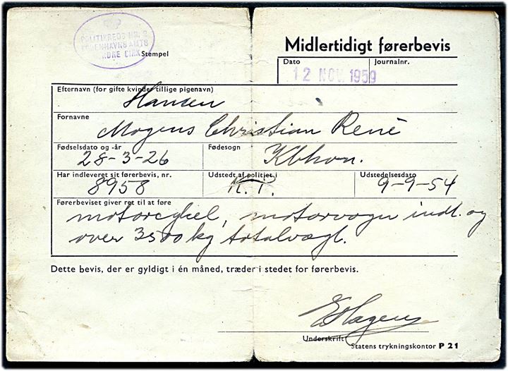 Midlertidigt førerbevis udstedt i København 1959.