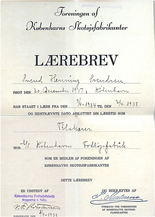Foreningen af Københavns Skotøjsfabrikanter - Lærerbrev. Udstedt i København 1938. 