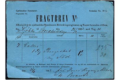 Sjællandske Statsbaner Fragtbrev - formular No. 79b - for gods sendt fra Kjøbenhavn d. 25.11.1882 til Storeheddinge. På bagsiden svagt violet lapidar VI stempel Kjøbenhavn d. 22.11.1882 som ikke er registreret i Skilling.