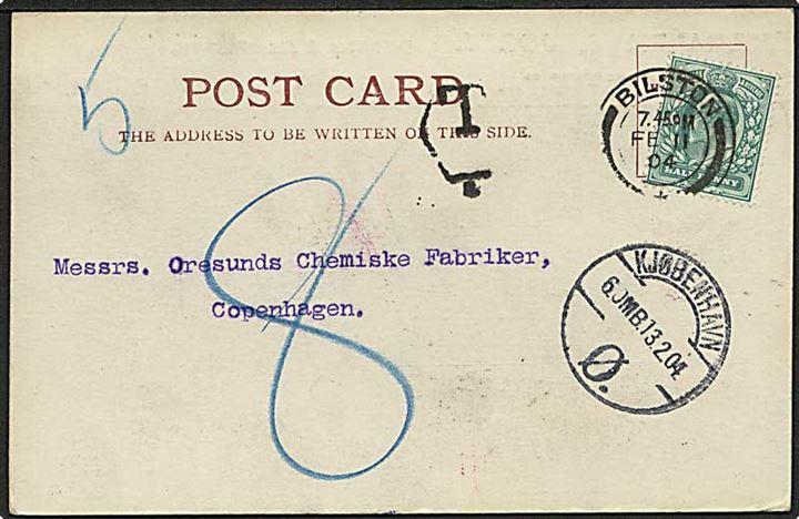 ½d Edward VII på underfrankeret brevkort fra Bilston d. 11.2.1904 til København, Danmark. Udtakseret i 8 øre porto.