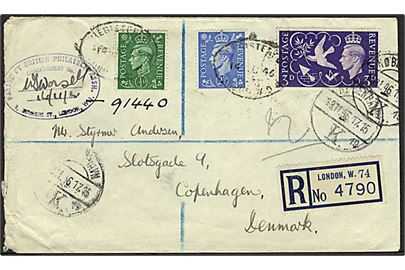 6d blandingsfrankeret anbefalet brev fra London d. 14.11.1946 til København, Danmark.
