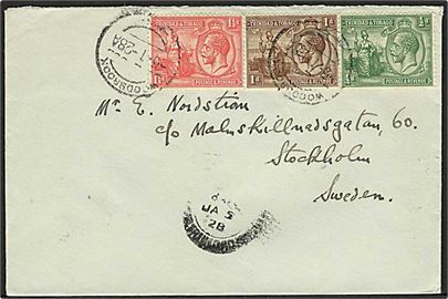 ½d, 1d og 1½d George V på brev fra Woodbrook d. 5.1.1928 til Stockholm, Sverige.