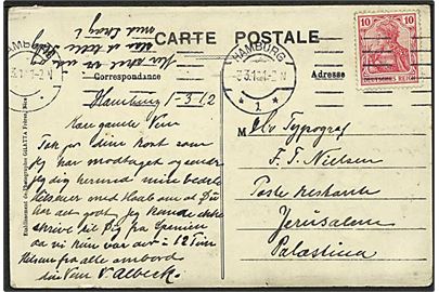 10 pfg. Germania på brevkort fra Hamburg d. 3.3.1912 til Poste Restante i Jerusalem, Palestina. Interessant destination.