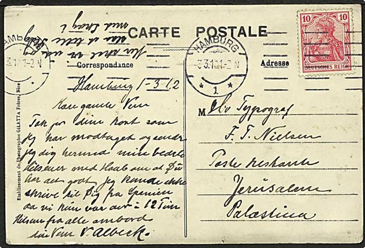10 pfg. Germania på brevkort fra Hamburg d. 3.3.1912 til Poste Restante i Jerusalem, Palestina. Interessant destination.