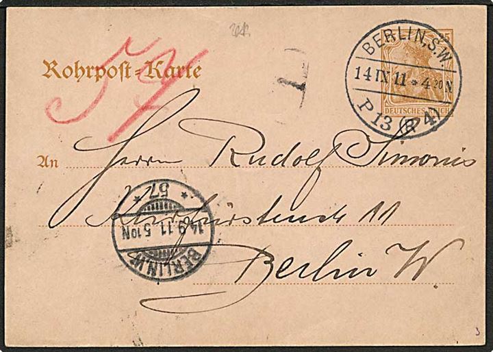 25 pfg. helsags rørpost brevkort sendt lokalt i Berlin d. 14.9.1911.