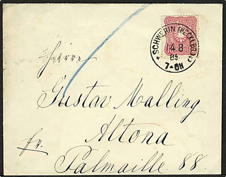 10 pfg. Adler på brev fra Schwerin (Mecklbg). d. 14.8.1884 til Altona.