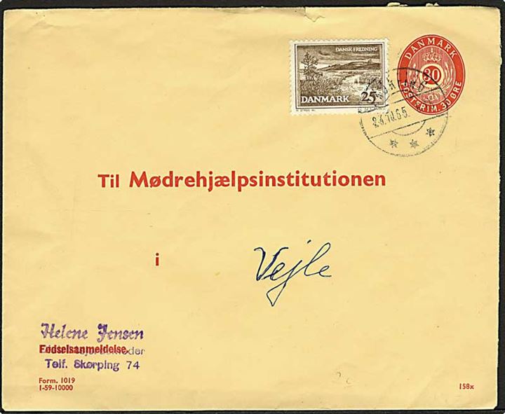 30 øre privat helsagskuvert Fødselsanmeldelse (fabr. 158x) opfrankeret med 25 øre Skørping d. 23.10.1965 til Vejle. 