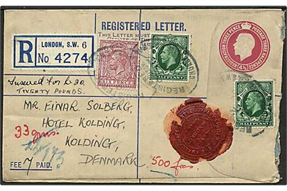 4½d George V anbefalet helsagskuvert opfrankeret med 7d og sendt som værdi fra London d. x.2.1935 til Kolding, Danmark.