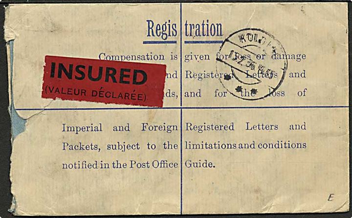 4½d George V anbefalet helsagskuvert opfrankeret med 7d og sendt som værdi fra London d. x.2.1935 til Kolding, Danmark.