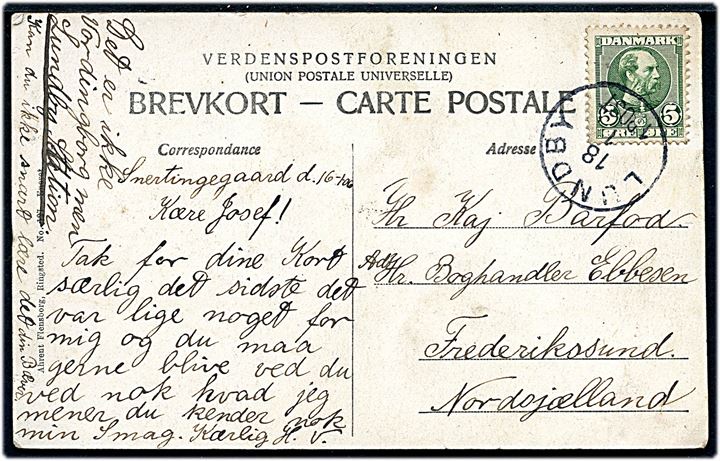 5 øre Chr. IX på brevkort annulleret med lapidar Lundby d. 18.1.1906 til Frederikssund. Stempel benyttet som reservestempel.