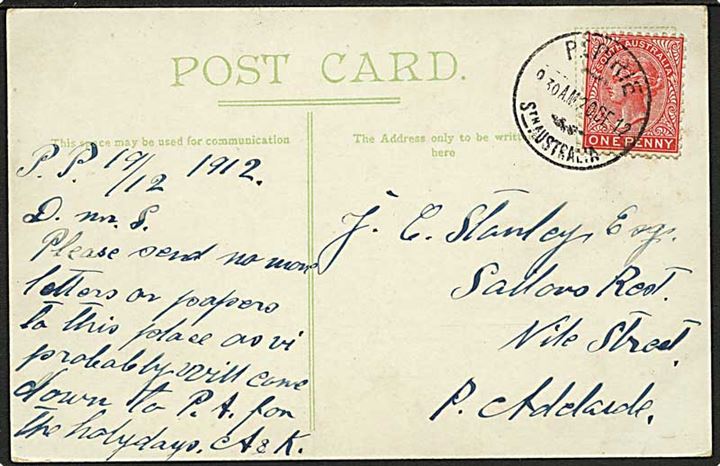 1d Victoria på brevkort fra Port Pirie d. 20.12.1912 til Adelaide, South Australia.