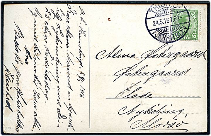 5 øre Chr. X på brevkort annulleret med bureaustempel Thisted - Fjerritslev T.83 d. 24.5.1916 til Nykøbing M.