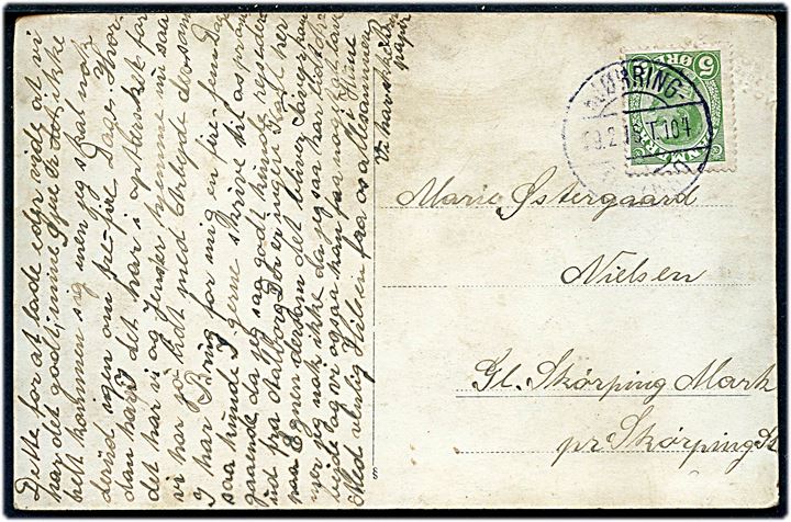 5 øre Chr. X på brevkort (Ladebygning under opførelse) annulleret med godt bureaustempel Hjørring - Aabybro T.104 d. 29.2.1916 (skuddag) til Skørping.