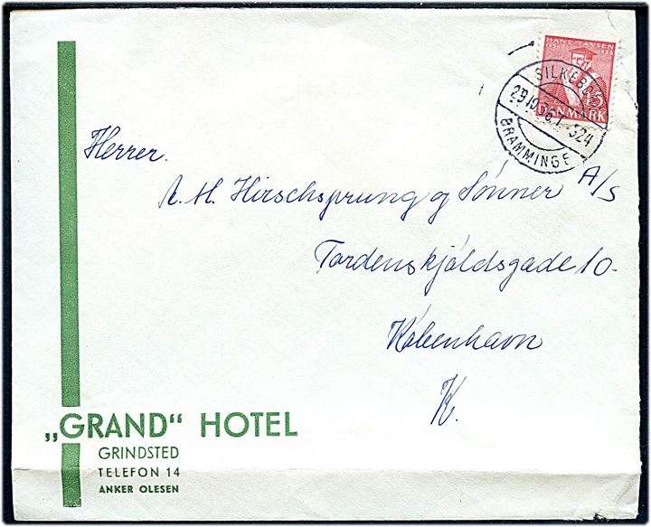 15 øre Tavsen på firmakuvert fra Grand Hotel i Grindsted annulleret med bureaustempel Silkeborg - Bramminge T.524 d. 29.10.1936 til København.