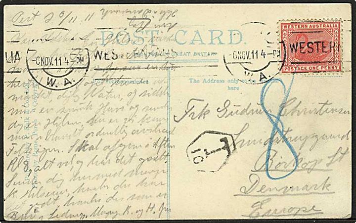 1d Black Swan på underfrankeret brevkort fra Perth d. 6.11.1912 til Børkop, Danmark. Udtrakseret i 8 øre dansk porto.