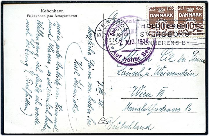 10 øre Bølgelinie i parstykke på brevkort fra Svendborg d. 7.8.1938 sidestemplet Salonschnelldampfer Rugard * Auf hoher See* d. 7.8.1938 til Wien, Tyskland.