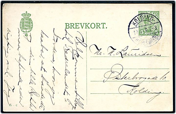 5 øre Chr. X helsagsbrevkort (fabr. 45-C) dateret Hejls annulleret med uldent bureaustempel Kolding - Hejlsminde T.3 d. 12.4.1919 til Kolding.