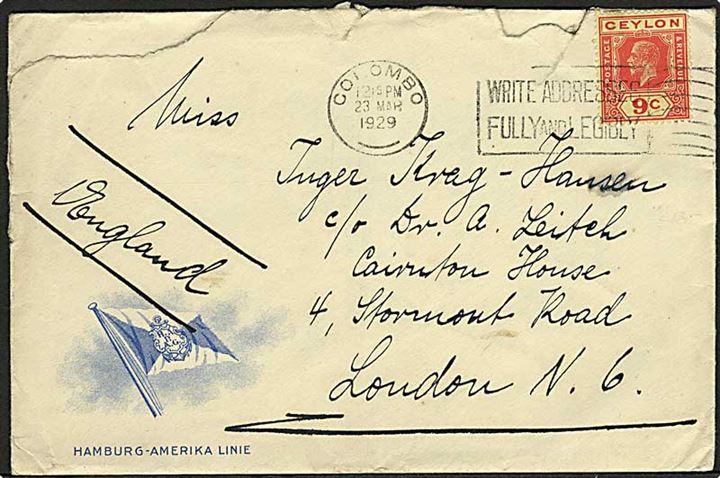 9c George V på Hamburg-Amerika Linie kuvert stemplet Colombo d. 23.3.1929 til London, England. Rifter i toppen.