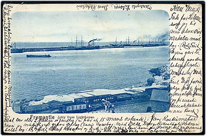 10 pfg. Germania på brevkort (Freemantle, Australien) annulleret med skibsstempel Deutsche Seepost Australische Hauptlinie d. 17.10.1905 til Næstved, Danmark.