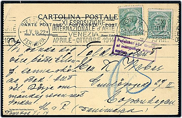 5 c. (2) på brevkort fra Venezia d. 1.5.1914 til København, Danmark. Violet rammestempel Forsinket paa Grund af mangelfuld Adressering..