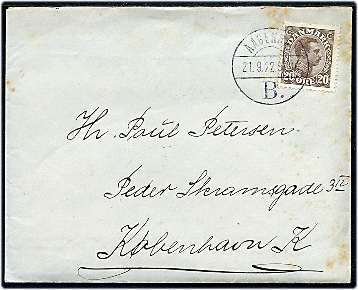 20 øre Chr. X på brev annulleret med brotype Vb Aabenraa B. d. 21.9.1922 til København. Vanskeligt stempel.