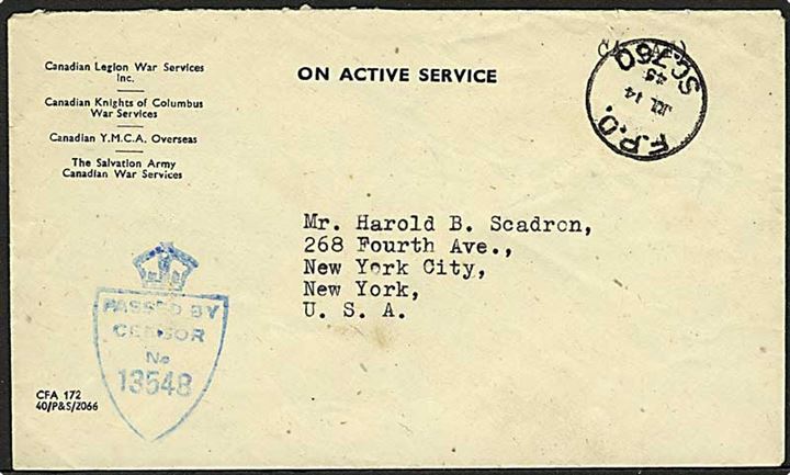 Ufrankeret OAS brev med canadisk feltpost stempel F.P.O. SC.760 d. 14.7.1945 til New York, USA. Unit censor 13548.
