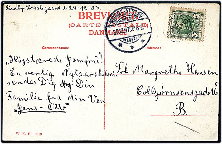 5 øre Fr. VIII på brevkort dateret Sundby Præstegaard annulleret med stjernestempel GULDBORG p.F. og sidestemplet Nørre-Alslev d. 30.12.1907 til København. 