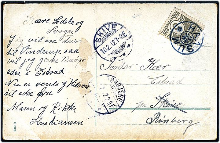 3 øre Bølgelinie på lokalt brevkort annulleret med stjernestempel HAASUM og sidestemplet Skive d. 10.2.1912 til Rønbjerg.
