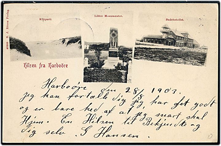 5 øre Våben på brevkort (Hilsen fra Harboöre) annulleret med stjernestempel HARBOØRE og sidestemplet bureau Vemb - Thyborøn T.7 d. 28.8.1903 til København.
