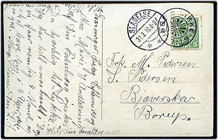 5 øre Chr. X på brevkort annulleret med stjernestempel KIRKE-STILLINGE og sidestemplet Slagelse d. 31.3.1916 til Bjæverskov pr. Borup.