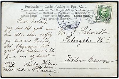 5 øre Fr. VIII på brevkort annulleret med stjernestempel UGGERLØSE og sidestemplet bureau Kjøbenhavn - Kallundborg T.168 d. 12.7.1910 til København.