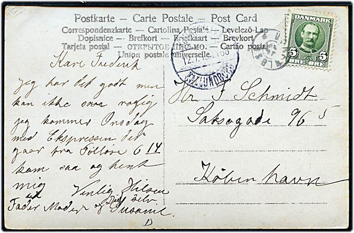 5 øre Fr. VIII på brevkort annulleret med stjernestempel UGGERLØSE og sidestemplet bureau Kjøbenhavn - Kallundborg T.168 d. 12.7.1910 til København.
