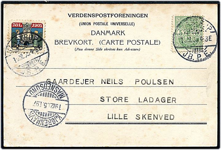 5 øre Våben og Julemærke 1905 på brevkort (Tune Landbrugsskole) annulleret Taastrup JB.P.E. d. 19.12.1905 via bureau Kjøbenhavn - Masnedsund T.97 d. 19.12.1905 til Lille Skenved.