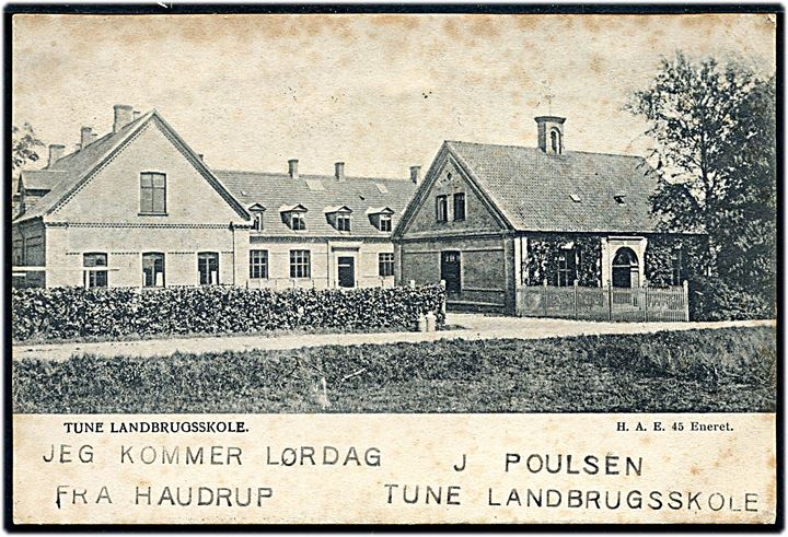 5 øre Våben og Julemærke 1905 på brevkort (Tune Landbrugsskole) annulleret Taastrup JB.P.E. d. 19.12.1905 via bureau Kjøbenhavn - Masnedsund T.97 d. 19.12.1905 til Lille Skenved.