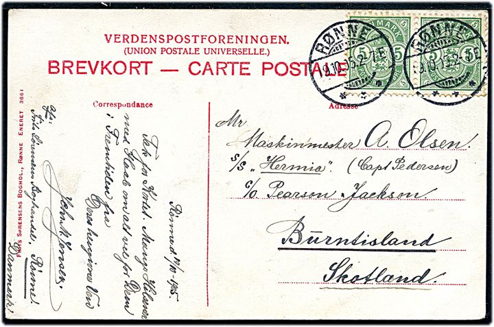 5 øre Våben i parstykke på brevkort fra Rønne d. 19.10.1905 til maskinmester ombord på S/S Hermia i Burntisland, Scotland. 