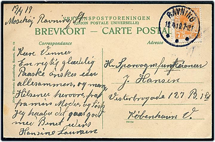 7 øre Chr. X på brevkort annulleret med brotype IIIb Ravning d. 19.4.1919 til København.