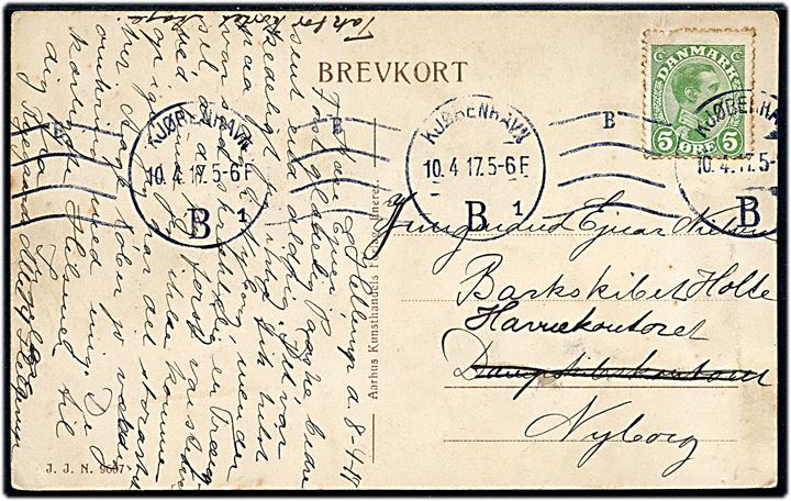 5 øre Chr. X på brevkort fra Kjøbenhavn d. 10.4.1917 til jungmand ombord på barkskibet Holte, Dampskibskontoret i Nyborg - omadresseret til Havnekontoret.