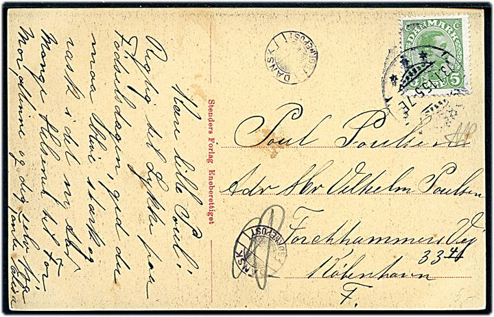 5 øre Chr. X på brevkort fra Korsør d. 13.1.1915 til København. To aftryk at lille poststempel: Dansk Børnepost.