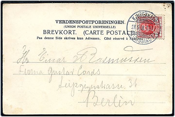 10 øre Fr. VIII på brevkort (Danske Vaaben: Kommandørkorset) annulleret med bureaustempel Kjøbenhavn - Nykjøbing F. T.91 d. 28.5.1908 til Berlin, Tyskland.