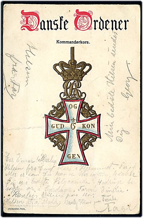 10 øre Fr. VIII på brevkort (Danske Vaaben: Kommandørkorset) annulleret med bureaustempel Kjøbenhavn - Nykjøbing F. T.91 d. 28.5.1908 til Berlin, Tyskland.