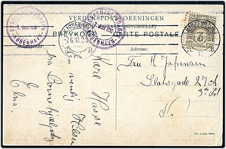 3 øre Bølgelinie på lokalt brevkort (Børnehjælpsdagen 1910 tegnet af Prinsesse Marie) stemplet Kjøbenhavn d. 7.6.1910 og violet sidestempel Børnehjælpsdagen - Kjøbenhavn - 7. Juni 1910.