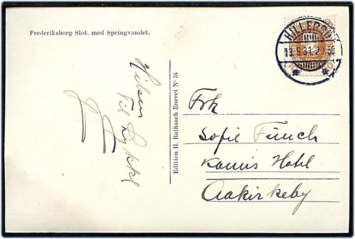 10 øre Chr. X 60 år på brevkort annulleret med brotype Id Hillerød ** d. 13.9.1931 til Aakirkeby.