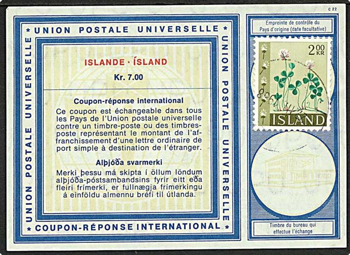 7 kr. International svarkupon opfrankeret med 2 kr. stemplet d. 22.3.1968.