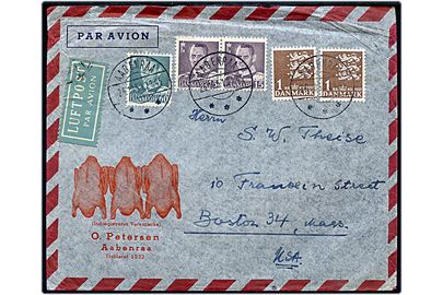 15 øre (par), 60 øre (kort hjørne) Fr. IX og 1 kr. Rigsvåben (2) på 290 øre frankeret luftpostbrev fra Aabenraa d. 26.10.1951 til Boston, USA.
