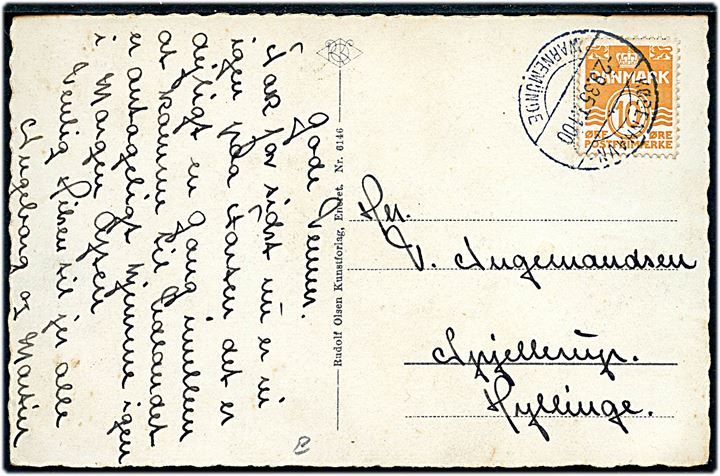 10 øre Bølgelinie på brevkort (Chr. d. IX bro, Nykøbing F.) annulleret med bureaustempel København - Warnemünde T.100 d. 2.9.1935 til Hyllinge.