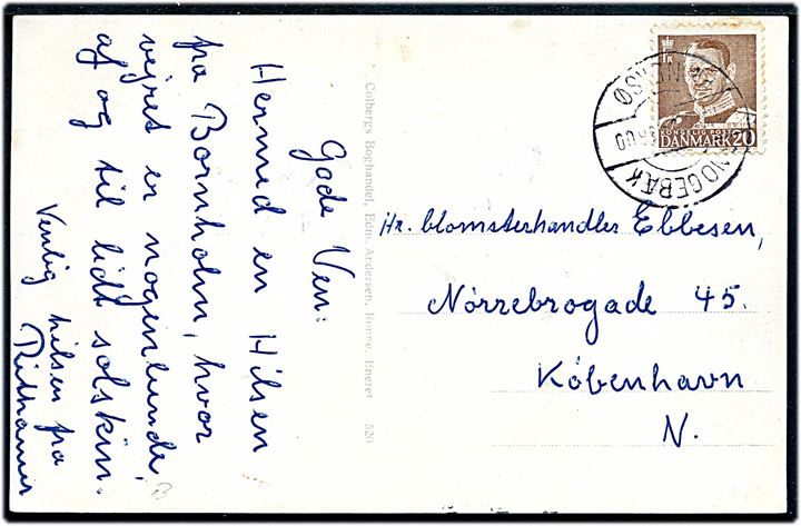 20 øre Fr. IX på brevkort annulleret med pr.-stempel Snogebæk pr. Neksø d. 13.8.185? til København.