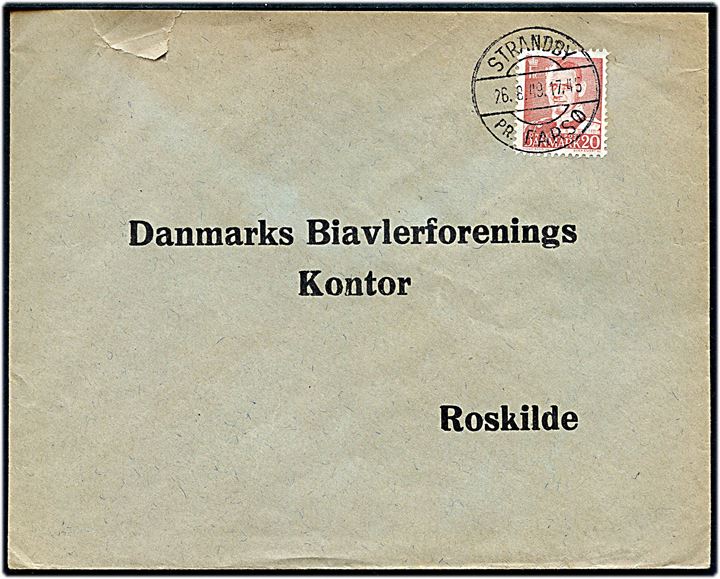 20 øre Fr. IX på brev annulleret med pr.-stempel Strandby pr. Farsø d. 26.8.1949 til Roskilde.