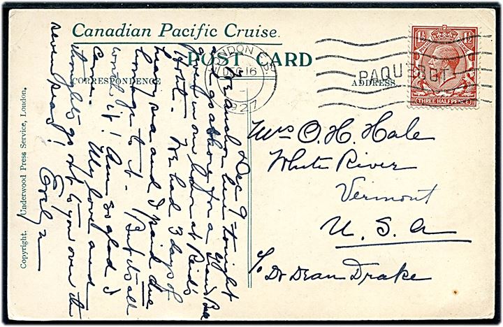 1½d George V på Canadian Pasific Cruise postkort (Funchal, Madeira) annuleret London F.S. / Paquebot d. 16.12.1927 til White River, USA.